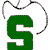 Green pixelated letter S with white negative space, surrounded by a gray and black pixelated circular border on white background.