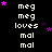 Pixelated text with 'meg' and 'loves' alternating with 'mal', surrounded by pink and purple stars on black background