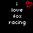 Black background with white pixelated text reading 'i love fox racing' and a red pixelated heart symbol above the text.
