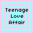 Four identical pixelated text icons arranged in a , each displaying "Teenage Love Affair" with layered cyan and pink borders