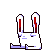 Pixel art bunny with red inner ears and blue eyes, shown in a sequence of four poses on a gray background.