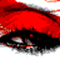 Red and black stylized eye close-up with white highlights, transitioning to a full face view with red markings on forehead.