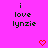 A static image with a bright pink background displays repeated text "i love lynzie" in black pixelated font and red heart symbols.