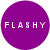 Purple circular icon with white text 'FLASHY' on left side, transitioning to a solid white circle on the right.