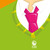 A pixelated figure in a white shirt and pink dress stands against green grass with orange sky, holding an indistinct object.