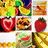Pixelated fruit salad with heart-shaped strawberries, bananas, and watermelon slices; text overlays change from 'Fruit Salad' to 'Yummy' in yellow block letters