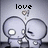 Pixelated image of two stylized figures with large circular heads kissing, above which the word 'love' appears in blocky text.