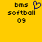 Yellow background with black text 'bms', 'softball', '09' and a blue pixelated heart symbol above 'softball' on the left side.