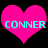 Two identical pink heart shapes with cyan text 'CONNER' overlaid, set against a black background.