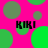 Bright pink background with scattered green and dark green circles; four instances of the text 'KIKI' in bold black letters appear across the image.