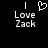 Pixelated black background with white text 'I Love Zack' and a heart symbol above the word 'Love', where the heart is partially formed in one view.