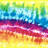 A pixelated abstract composition with horizontal color bands transitioning from yellow at the top through green, blue, purple, red-orange, to bright yellow at the bottom.