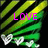 Pixelated green and yellow striped background with pink text reading LOVE overlaid on a white bow-like shape at the bottom.