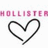 Pixelated pink text 'HOLLISTER' above a black outlined heart shape on white background.