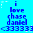 Blue background with repeated text "i love chase daniel" and symbols, featuring small white stars in corners.