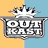 A 3x3 contact sheet of animated frames featuring a person with various poses and accessories alongside "OUTKAST" text in a crown-topped logo, set against alternating yellow and light blue background sections.