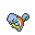 Pixelated heart-shaped character with blue head, green body, orange hair, and yellow belt; left arm raised in first frame, lowered in second.