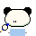 Pixel art panda head with blue-handled magnifying glass, four-frame animation showing changing symbols on a light blue rectangle below the face.