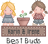 Pixel art of two cartoon girls with potted plants, labeled 'Karin & Irene Best Buds' on a gray background.