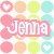 Pixelated icon with pink text 'Jenna' over pastel circles in heart and solid shapes, arranged on white background.