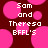 Pixelated text reads "Sam and Theresa BFFL'S" over a dark red background with pink circles.