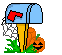 Pixelated animation of a blue mailbox with red flag, pumpkin, and grass, showing a ghost-like figure emerging from the mailbox.
