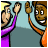 Two pixelated cartoon figures face each other against a light blue background, one in purple clothing holding an object above their head.