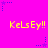 Bright pink background with yellow text 'KeLsEy!!' repeated in two , surrounded by blue star-shaped pixel clusters