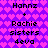 Pixelated text on a purple background with pink heart pattern, displaying 'Hannz + Rochie sisters 4eva' in two identical vertical