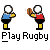 Pixelated animation of two figures playing rugby with a brown oval ball, showing sequential actions from standing to tackling on gray background.