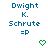Static image of text "Dwight K. Schrute =P" with green heart and downward arrow symbols in different positions across three