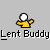 _Lent Buddy_ text appears below a yellow-shirted figure with white head; animation shows fire effects on the head and body, then disintegration into particles.