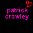 Pixelated text 'patrick crawley' in pink with a red heart symbol above the left instance on a black background.