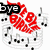 Animated icon with red 'BIRB BIRB' text, black 'bye' text, and musical notes on white background; lower section shows a person raising a hand with 'birdie' text.
