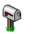 Pixelated silver mailbox with red flag on brown post, green grass base, and white hand retrieving mail in