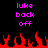 Pixelated text 'luke back off' in magenta appears twice on black background above red pixel flames.