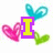 Five distinct animated buddy icons display changing text over a background of pink, green, and blue heart shapes.