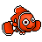 Pixelated orange clownfish with white stripes and black outlines in various poses against a gray background.