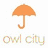 Animated orange umbrella icon with 'owl city' text below, transitioning to a black-and-white eye with colorful iris and a heart-shaped rainbow gradient.