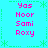 Pixelated text list on cyan background with green decorative borders, displaying names in pink and green characters.