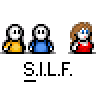 Animated contact sheet of 15 pixel-art frames showing a sequence of stick-figure characters with speech bubbles and repeated "S.I.L.F." text beneath each frame.