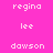 Pixelated text names 'regina', 'lee', and 'dawson' appear on a bright pink background with yellow rectangular overlays in different positions across frames.