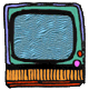 Two side-by-side cartoon-style television sets with teal frames, purple accents, and orange striped bases; left screen shows blue static, right screen shows pink static.