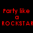 Red pixelated text "Party like a ROCKSTAR" repeated across black background with white rectangular overlays shifting position.