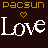 A pixelated graphic with 'pacsun pacsun' text at top, two heart symbols above 'Love', and alternating white/gold 'Love' text below on dark brown background.