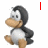 Animated contact sheet of a cartoon penguin mascot with red text overlays across six frames showing subtle pose and expression changes.