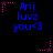 Blue text reading 'Arii luvz you<3' on black background with pink and purple star-shaped pixel decorations.