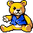 Pixelated teddy bear with yellow fur, brown accents, and blue vest, seated with one arm raised against gray background.