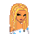 Pixel art of a blonde woman in white top with blue flowers and black shorts holding a dark handbag, next to 'BLUE BABY' text on cyan background.