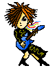 Pixel art character with spiky brown hair plays blue electric guitar with red and yellow sound waves, wearing black outfit with green patterns and black boots.